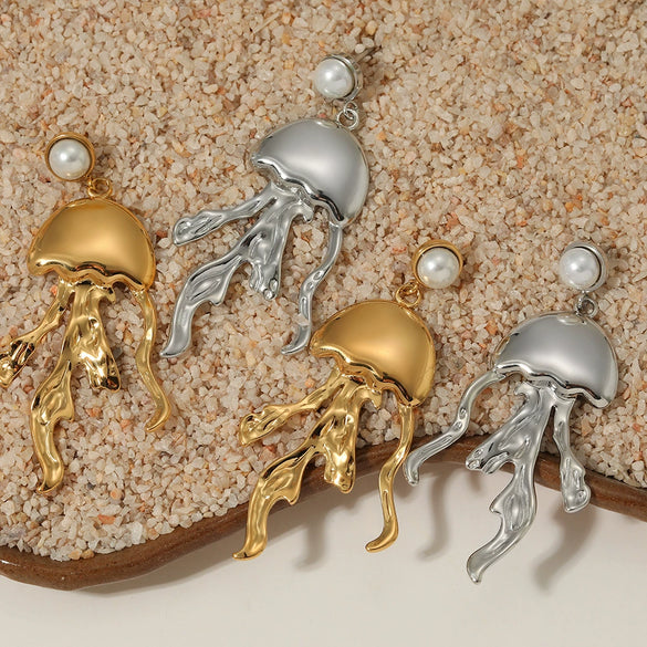Stainless Steel Exaggerated Pearl Earrings With Marine Series Jellyfish Design Electroplated For Women