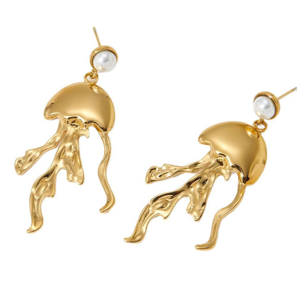 Stainless Steel Exaggerated Pearl Earrings With Marine Series Jellyfish Design Electroplated For Women