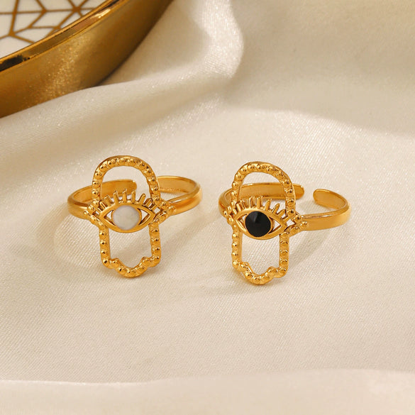 Stainless Steel Eye Open Ring For Women French Retro Style 18K Goldplated Black Oil Dripping Electroplated