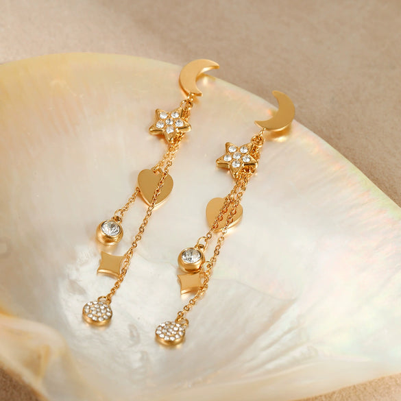 Stainless Steel Fashion Earrings With Star Geometric Pattern And 18K Gold Plated Tassel