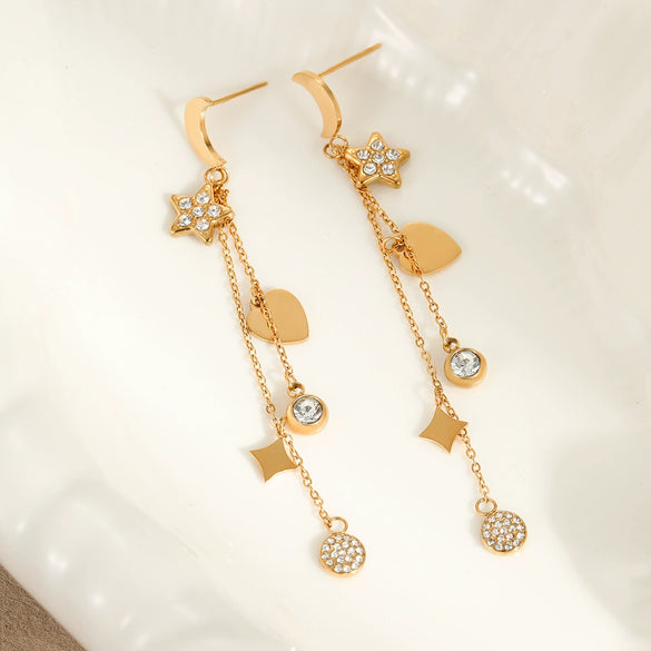 Stainless Steel Fashion Earrings With Star Geometric Pattern And 18K Gold Plated Tassel
