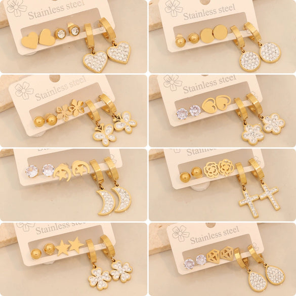 Stainless Steel Fashion Geometric Heart Shape Drop Shape Diamond Earrings With Love Flower Moon Butterfly Design