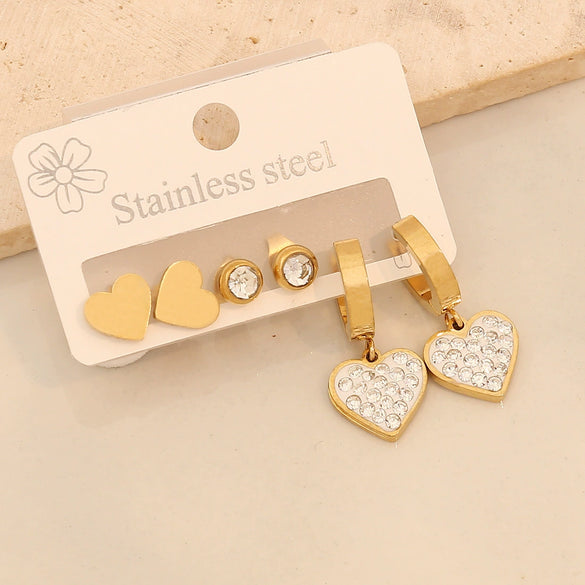 Stainless Steel Fashion Geometric Heart Shape Drop Shape Diamond Earrings With Love Flower Moon Butterfly Design