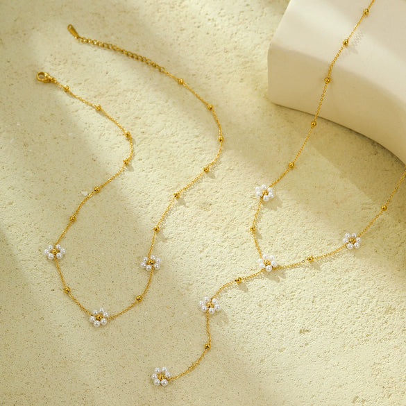 Stainless Steel Fashion Necklace With Pearl Flower Tassel Electroplated Jewelry