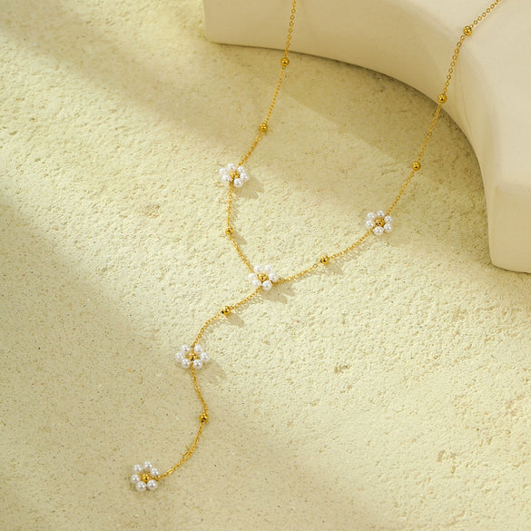 Stainless Steel Fashion Necklace With Pearl Flower Tassel Electroplated Jewelry