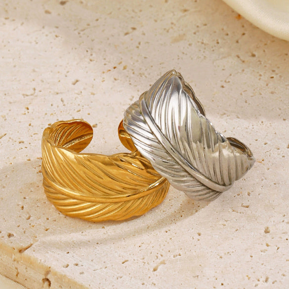 Stainless Steel Feather Hiphop Opening Adjustable Real Gold Electroplated Ring