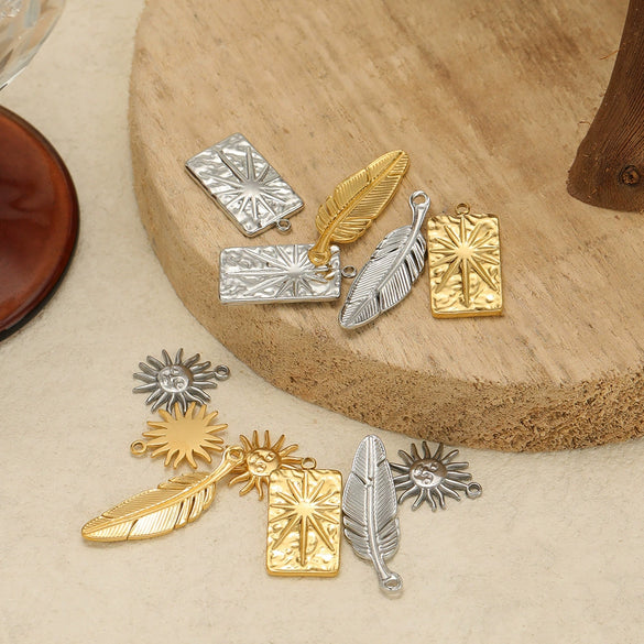 Stainless Steel Feather Sun Rectangular Pendant Jewelry Electroplated