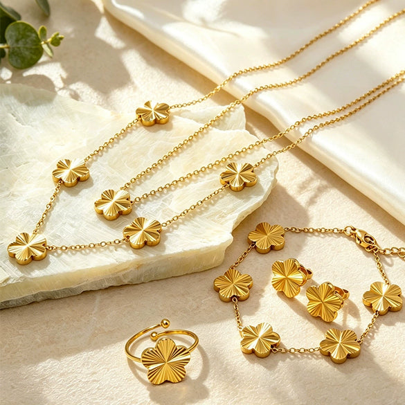 Stainless Steel Five Leaf Clover Jewelry Set For Women With Necklace Earrings Bracelet And Ring Simple Light Luxury Electroplated Design