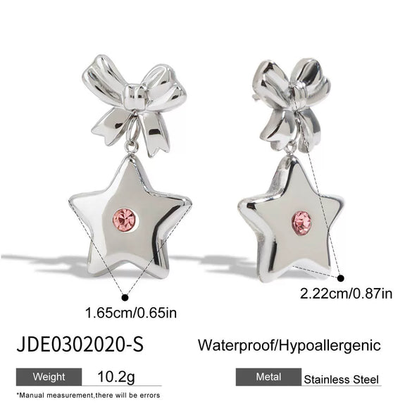 Stainless Steel Fivepointed Star Bow Earrings With Diamond Electroplating Jewelry