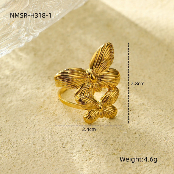 Stainless Steel Flower And Leaf Ring Electroplated Light Luxury Style For Women