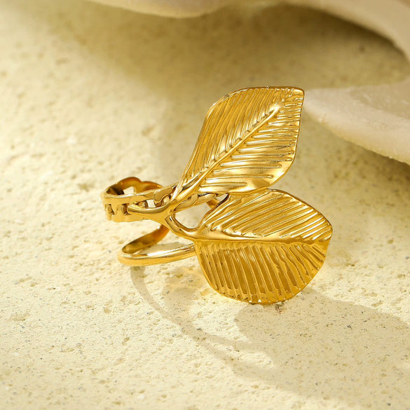 Stainless Steel Flower And Leaf Ring Electroplated Light Luxury Style For Women