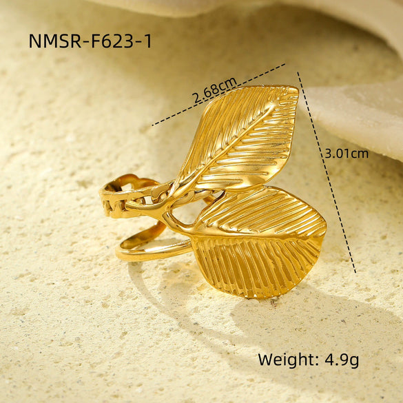 Stainless Steel Flower And Leaf Ring Electroplated Light Luxury Style For Women