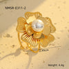 Stainless Steel Flower And Leaf Ring Electroplated Light Luxury Style For Women