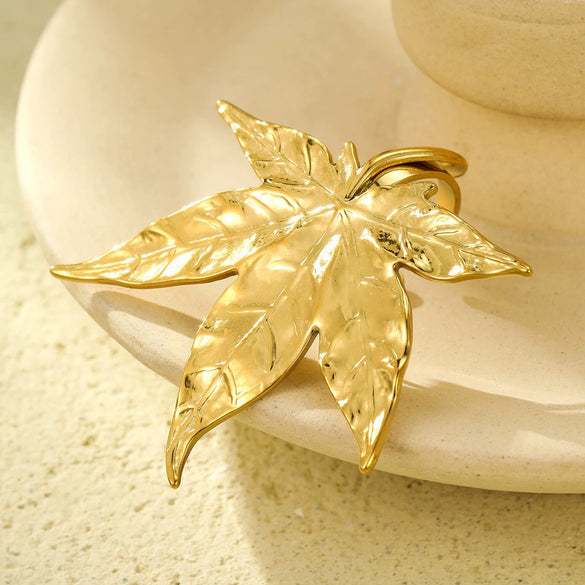 Stainless Steel Flower And Leaf Ring Electroplated Light Luxury Style For Women