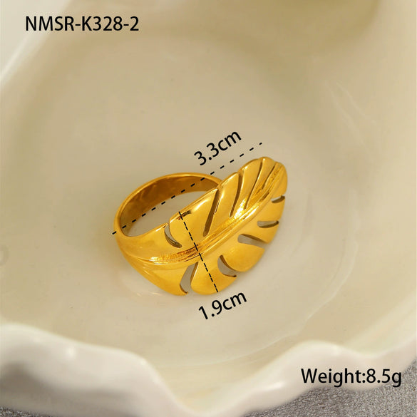 Stainless Steel Flower And Leaf Ring Electroplated Light Luxury Style For Women