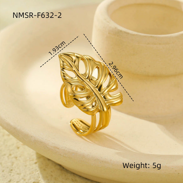 Stainless Steel Flower And Leaf Ring Electroplated Light Luxury Style For Women