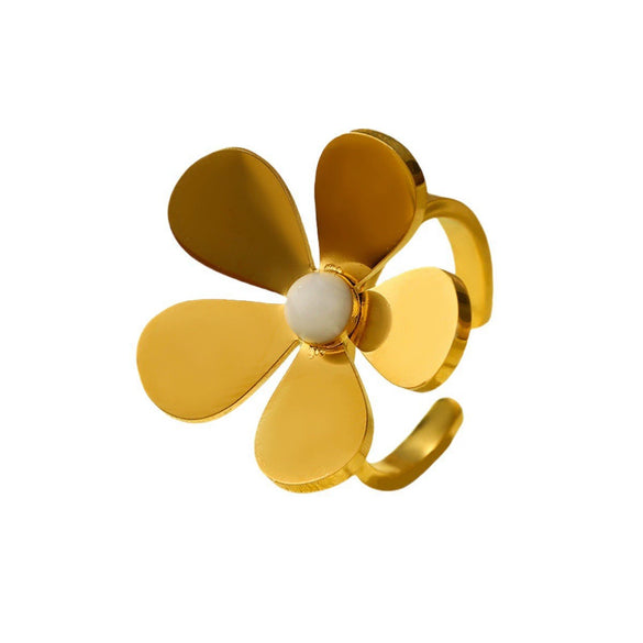 Stainless Steel Flower And Leaf Ring Electroplated Light Luxury Style For Women