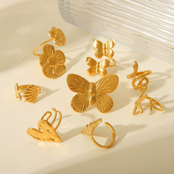 Stainless Steel Flower Butterfly Open Ring For Women With Electroplating Treatment Featuring Animal And Geometric Patterns