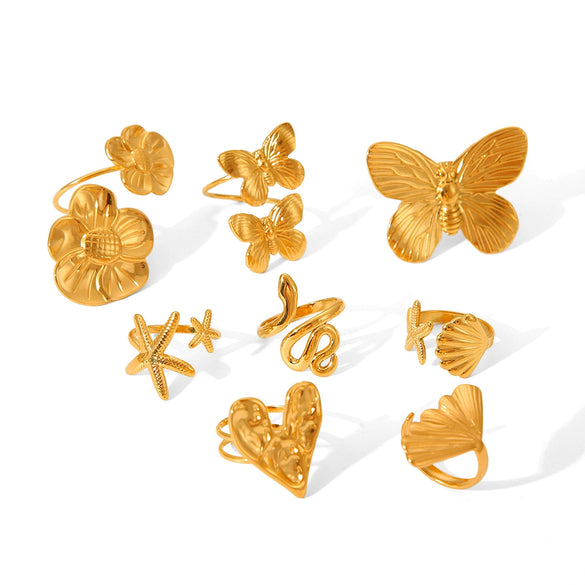Stainless Steel Flower Butterfly Open Ring For Women With Electroplating Treatment Featuring Animal And Geometric Patterns
