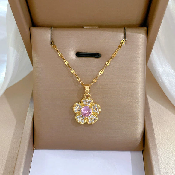 Stainless Steel Flower Geometric Microset Diamond Women's Necklace Cartoon Elegant Light Luxury Clavicle Chain Accessories