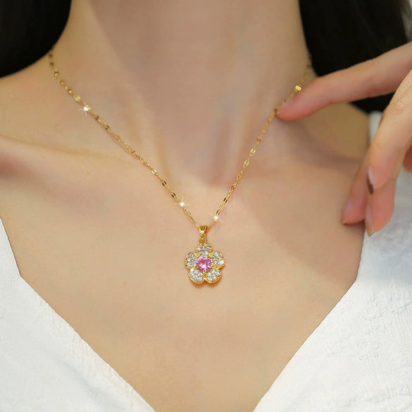 Stainless Steel Flower Geometric Microset Diamond Women's Necklace Cartoon Elegant Light Luxury Clavicle Chain Accessories