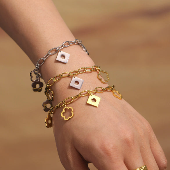 316L Stainless Steel Flower Geometric Pendant Oshaped Chain Bracelet Mirror Polished Electroplated