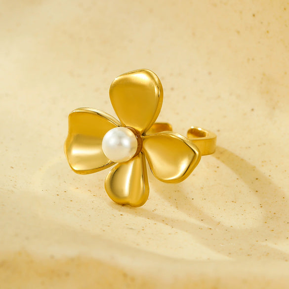 Stainless Steel Flower Inlaid Natural Stone Open Ring Fashion Jewelry Electroplated
