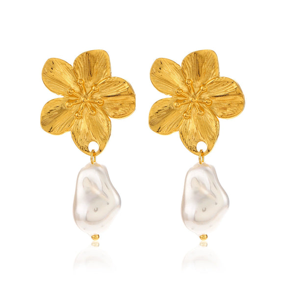 Stainless Steel Flower Pendant Earrings For Women Electroplated With Pearl