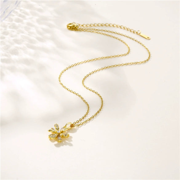 Stainless Steel Flower Pendant Necklace For Women With Mixed Gem Inlay And Electroplating