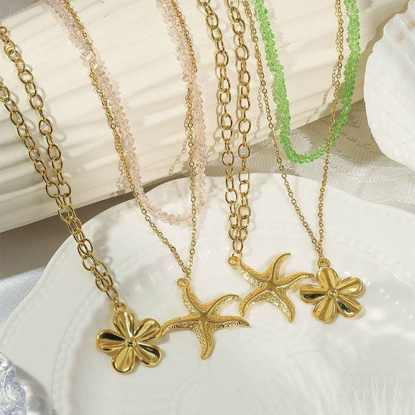 Stainless Steel Flower Starfish Pendant Necklace Electroplated Fashion Jewelry