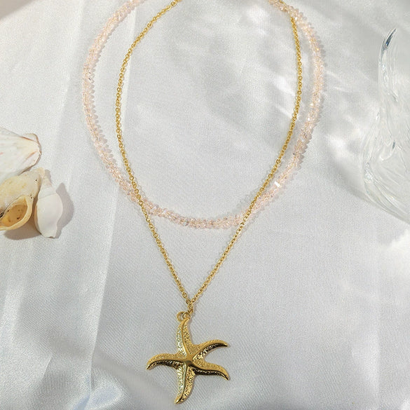 Stainless Steel Flower Starfish Pendant Necklace Electroplated Fashion Jewelry