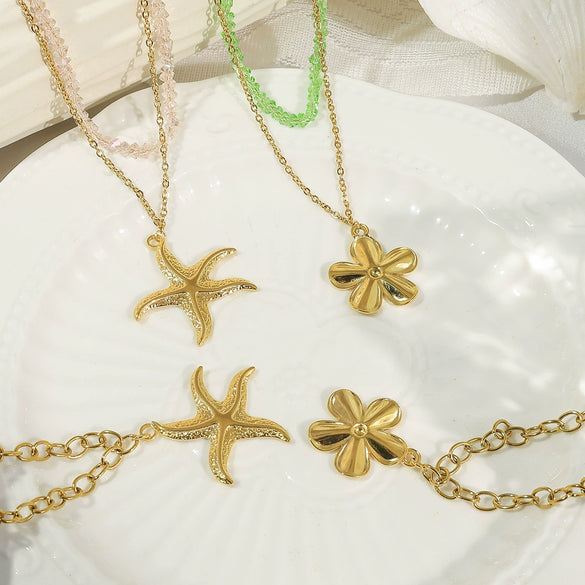 Stainless Steel Flower Starfish Pendant Necklace Electroplated Fashion Jewelry