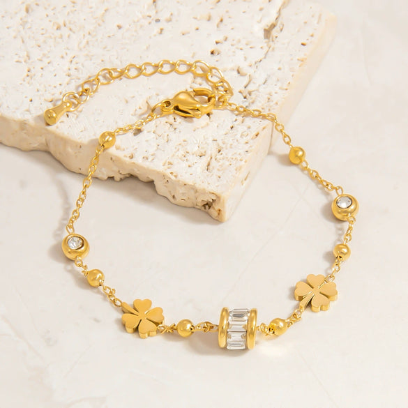 Stainless Steel Fourleaf Clover Gemstone Pendant Bracelet Electroplated Women's Jewelry Simple Style