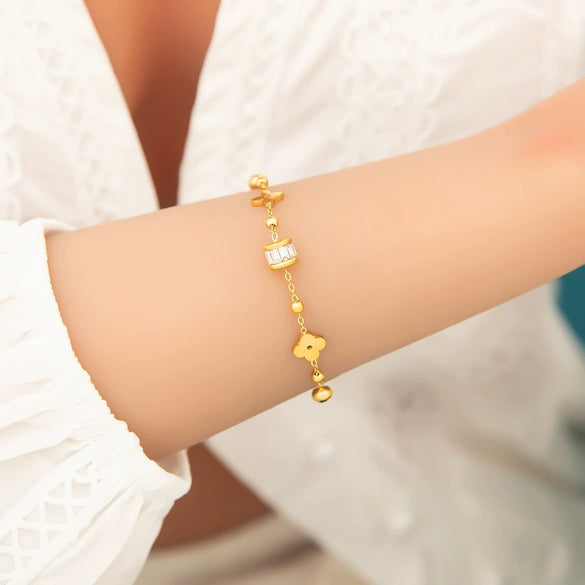 Stainless Steel Fourleaf Clover Gemstone Pendant Bracelet Electroplated Women's Jewelry Simple Style