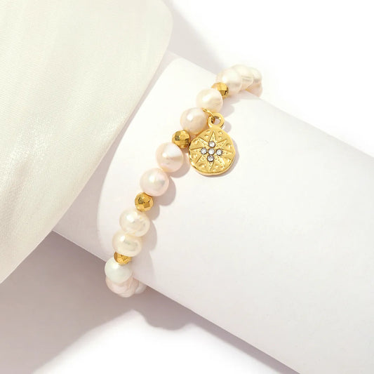 Stainless Steel Freshwater Pearl 18K Gold Plated Elegant Sun Inlay Zircon Bracelets