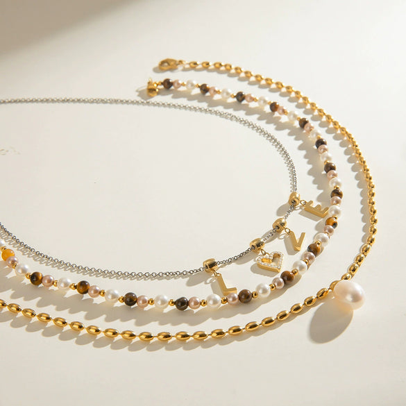 Stainless Steel Freshwater Pearl Tiger Eye Pendant Necklace