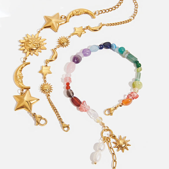Stainless Steel Freshwater Pearl Turquoise Star Pendant Bracelet Retro Minimalist Geometric Electroplated Style For Women
