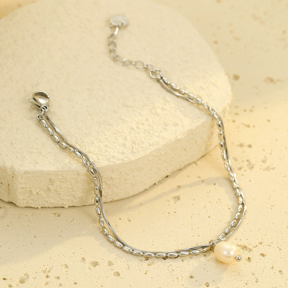 Stainless Steel Freshwater Pearl Women's Bracelet Fashion Double Layer Electroplated Jewelry