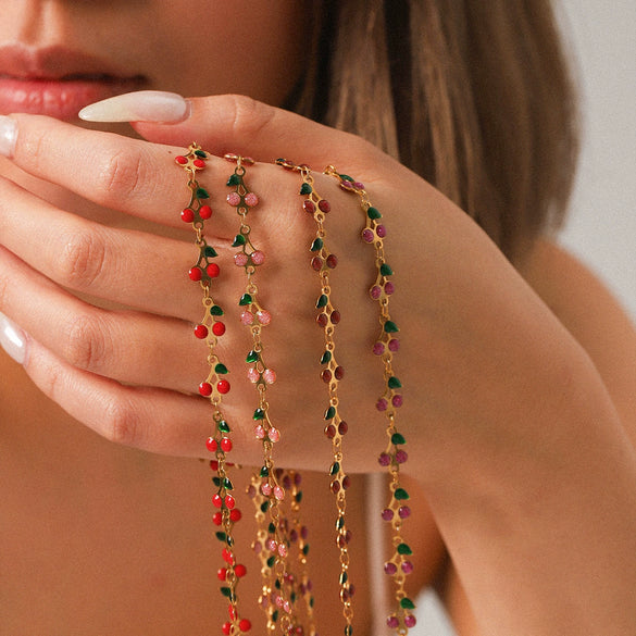 Stainless Steel Fruit Cherry Pendant Necklace For Women With Dripping Oil Design