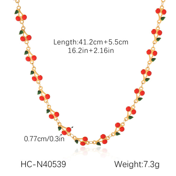 Stainless Steel Fruit Cherry Pendant Necklace For Women With Dripping Oil Design