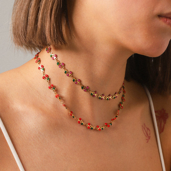 Stainless Steel Fruit Cherry Pendant Necklace For Women With Dripping Oil Design