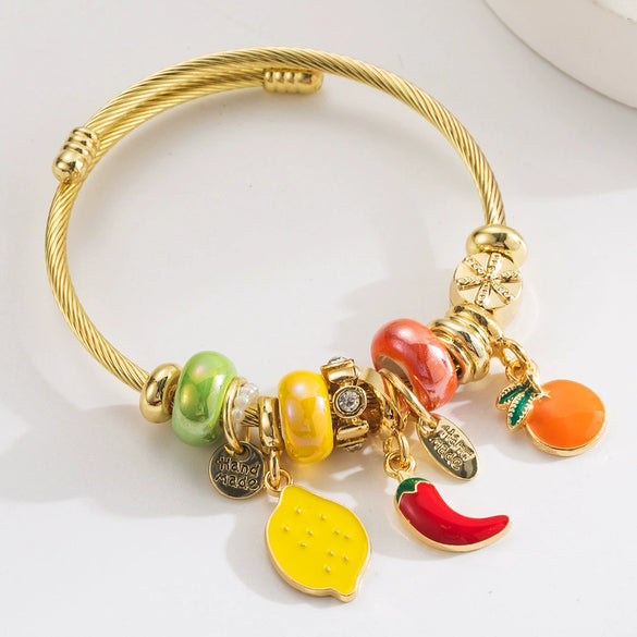 Stainless Steel Fruit Pendant Adjustable Bracelet Electroplated Fashion Style Unisex