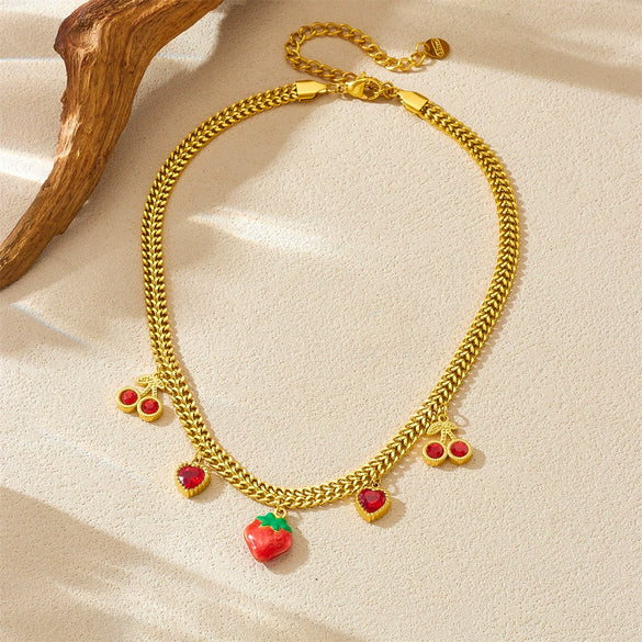 Stainless Steel Fruit Shaped Pendant Necklace With Snake Bone Chain And Electroplating Design