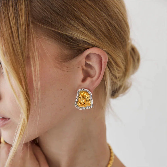 Stainless Steel Geometric Asymmetrical Earrings For Women With Real Gold Plating