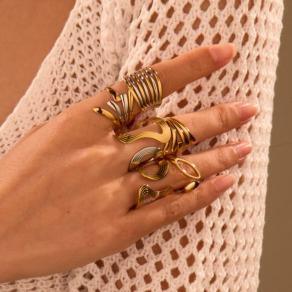 Stainless Steel Geometric Asymmetrical Ring Electroplated With 18K Gold Light Luxury Style Women's Hand Jewelry