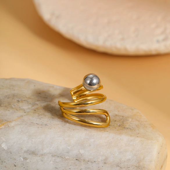 Stainless Steel Geometric Ball Design Open Ring Electroplated Hand Jewelry For Women Light Luxury Style