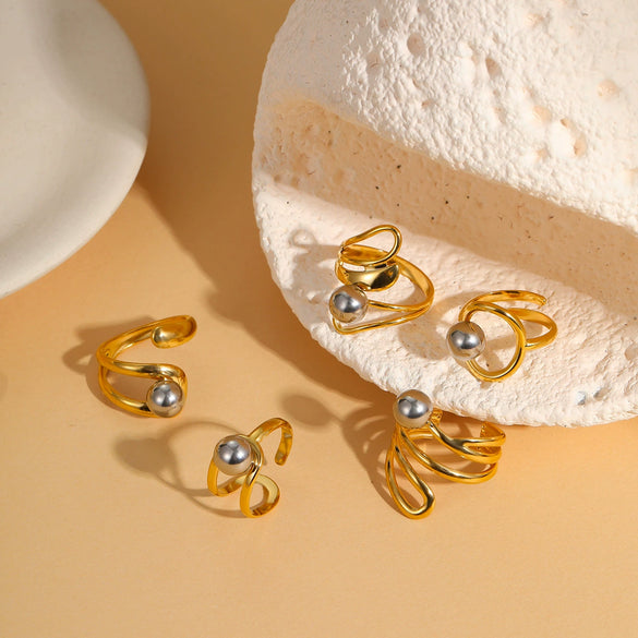 Stainless Steel Geometric Ball Design Open Ring Electroplated Hand Jewelry For Women Light Luxury Style