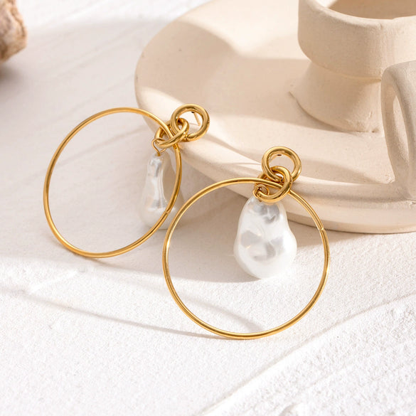 Stainless Steel Geometric Baroque Pearl Earrings Electroplated For Women