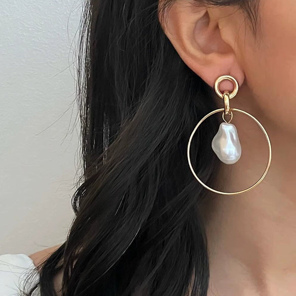 Stainless Steel Geometric Baroque Pearl Earrings For Women Electroplated