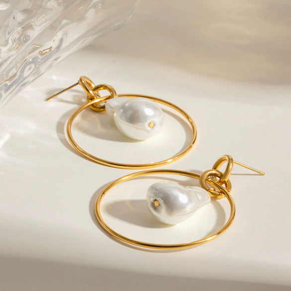 Stainless Steel Geometric Baroque Pearl Earrings For Women Electroplated